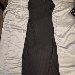 SHEIN Black Ribbed Midi Dress with Side Button Detail